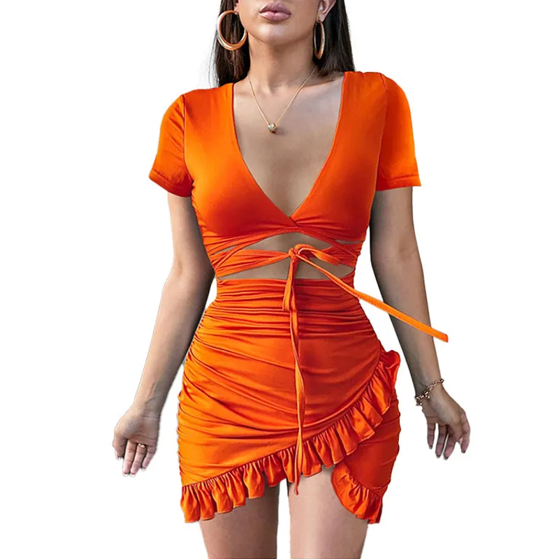 꽃 무늬 프린트 패션 넥타이 여성의 드레스 랩 미니 2021 여름 휴가 주름 껍질 Sundress Ruched 짧은 소매 S-3XL 051901