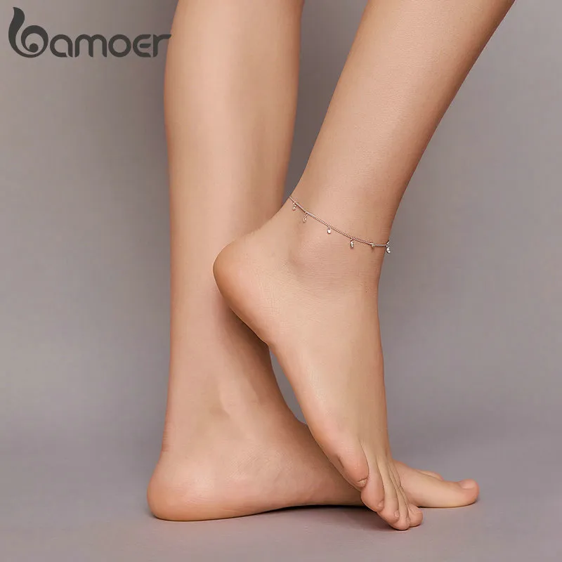 bamoer Authentic 925 Sterling Minimalism Tassel Chain Anklet Women Bracelet for Foot Silver Fine Jewelry SCT018