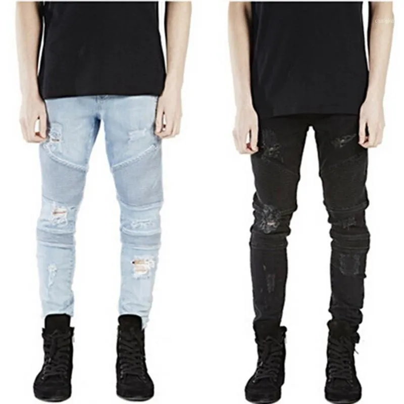 Jeans pour hommes Hi-Street Hommes Ripped Frayed Rider Hommes Biker Moto Lavé Bleu Noir Moto Joggers Skinny Male Denim Pants1