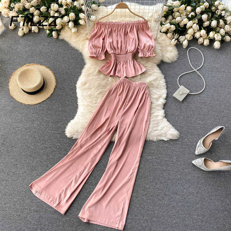 Bohemian Satin Two Piece Set For Women Elegant Wide Leg Pants And Off  Shoulder Short Top With Palazzo Outfit For Summer 210602 From Bai01, $45.08