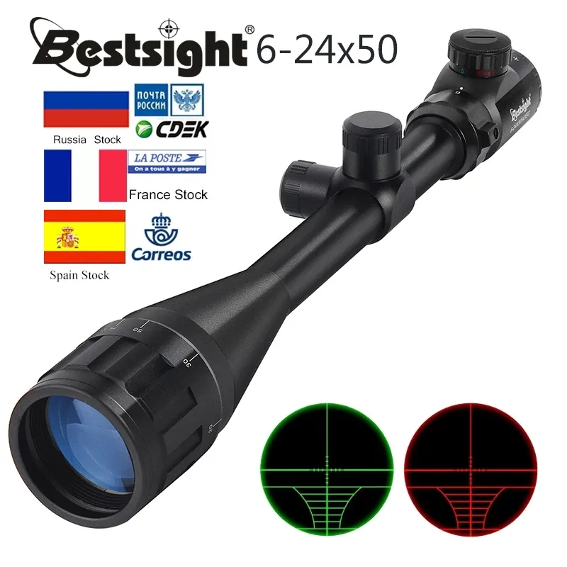 Bestsight 6-24x50 AOE Tática de rifle óptico Espaço vermelho e verde Mil-dot iluminado Sniper Scopes