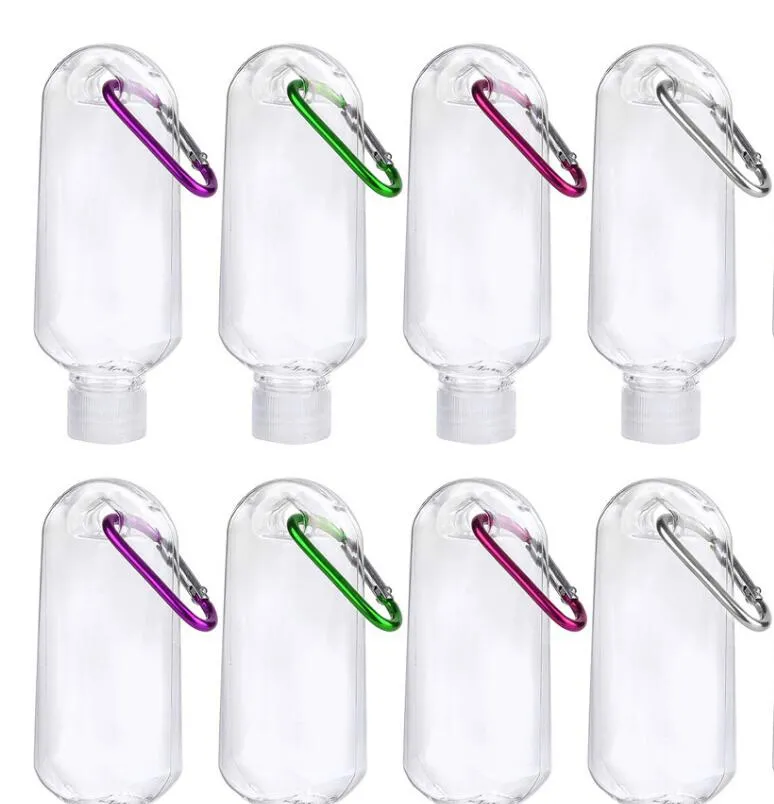 50ml / 60ml Tom Alkoholfyllningsbar flaska med nyckelring Hook Clear Transparent Plast Hand Sanitizer Flaskor för Travel Home