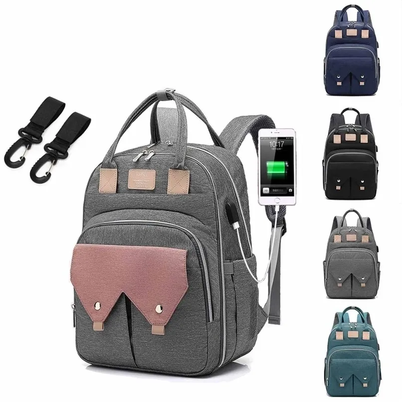 Baby Diaper Bag Mommy Plecak na Mom USB Maternity Baby Nappy Torby Pielęgniarskie Travel Plecak Plecak do Wózka wózka 211025