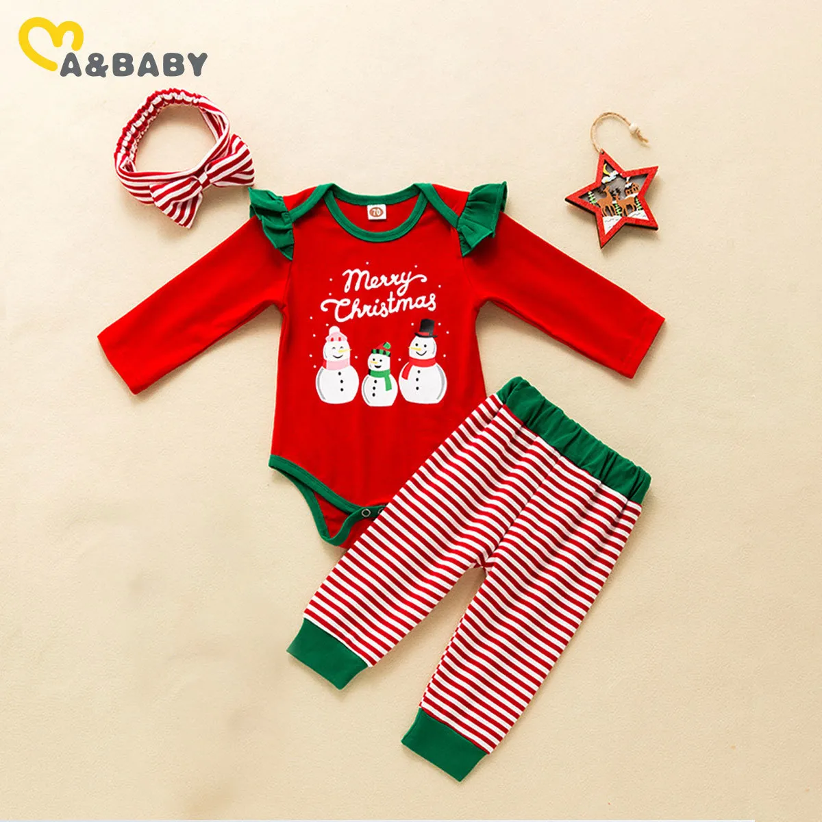 0-24m Christmas Nascido bebê meninas meninas conjunto de boneco de neve vermelho romper listrado calças Xmas menina roupa roupas 210515