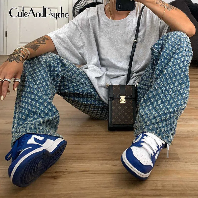 Streetwear Vintage Hot Ripped Baggy Dżinsy Damskie Harajuku Casual Cargo Spodnie Estetyczne 90. Wysokie spodnie talii Cuteandpsycho H0908