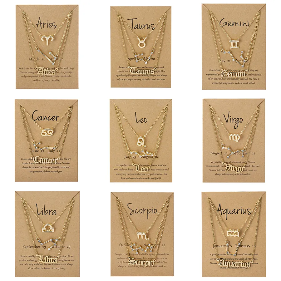 3 pièces/ensemble 12 signe du zodiaque collier pour femmes Constellation pendentif chaîne tour de cou bijoux d'anniversaire avec carte en carton