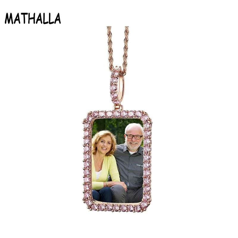 Pendanthalsband Mathalla Hip Hop Custom Po Memory Rectangular Iced Cubic Zircon Picture Frame Halsband för familjemedlems gåva