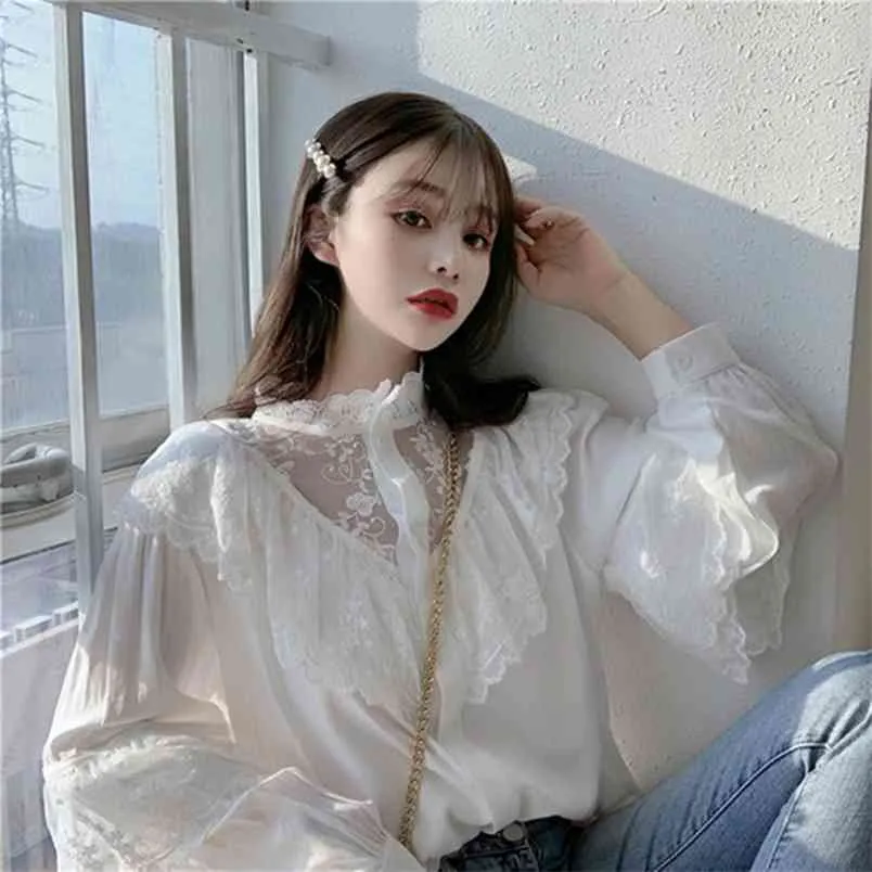Chegada Primavera Coreia Moda Mulheres Stand Colar Lanterna Luva Branco Camisa Doce Bonito Bordado Bordado Tops S517 210512