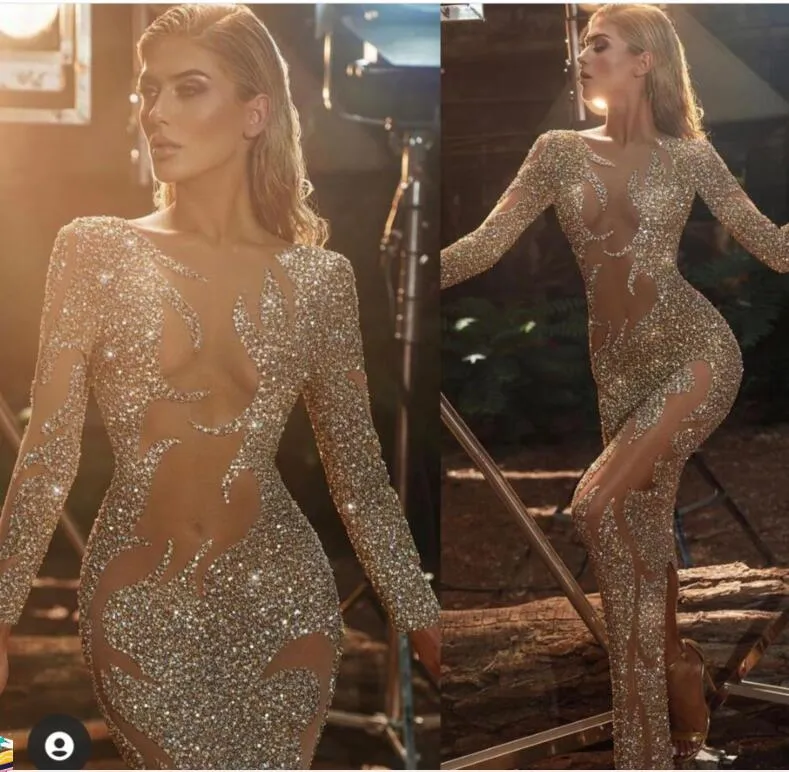 Robe femme Yousef aljasmi Robe de soirée Cristaux argentés Fourreau l Manches longues Sirène Col en V Labourjoisie Kim kardashian kylie jenner