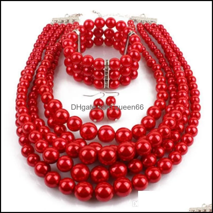 Red Imitation Pearls Bridal Jewelry Sets Women Fashion Wedding Gift Classic Ethnic Collar Choker Necklace Bracelet Earring Sets