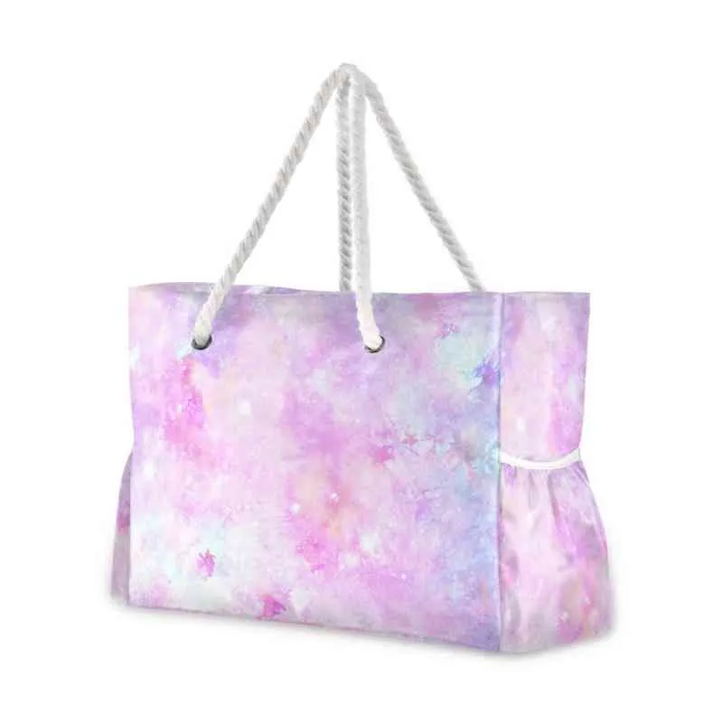 Einkaufstaschen Neue Strand-Einkaufstasche Damen Nylon-Einkaufstasche Pink Galaxy Unicorn Print Stoff-Umhängetasche Öko-Handtasche Tote Wiederverwendbare Shopper-Taschen 220310