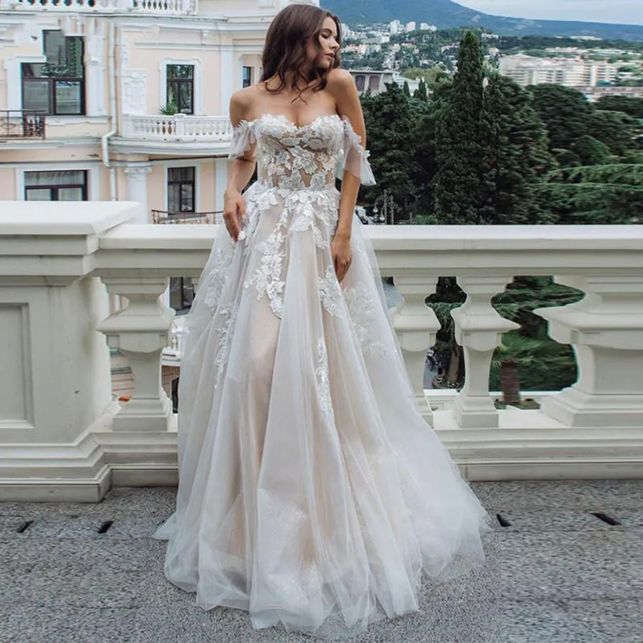 2021 Sexy Kochanie Koronki Linia Suknie Ślubne Off Ramię Suknie Tiulowe Bez Rękawów Dla Brides Formal Sukienka