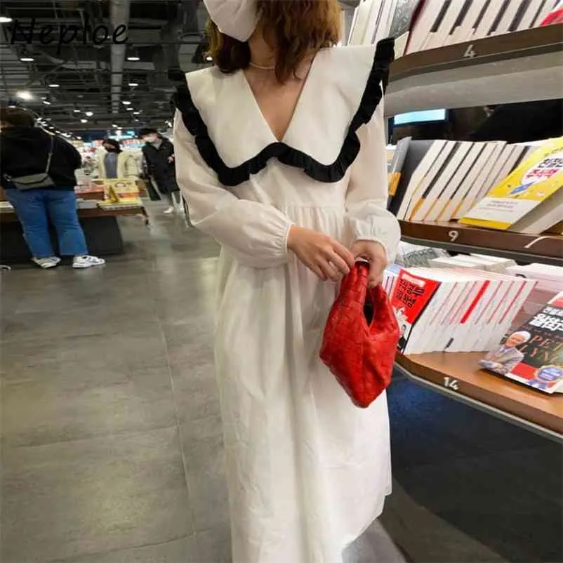 Elegant Hit Color Ruffles Patchwork Dress Women Peter Pan Collar Pullover Long Sleeve Vestidos Spring Robe 210422