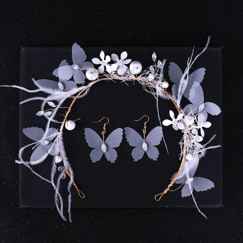 Boucles d'oreilles collier papillon bandeaux ensemble de bijoux mariée accessoires de cheveux de mariage plume fleur perles strass diadèmes et couronnes
