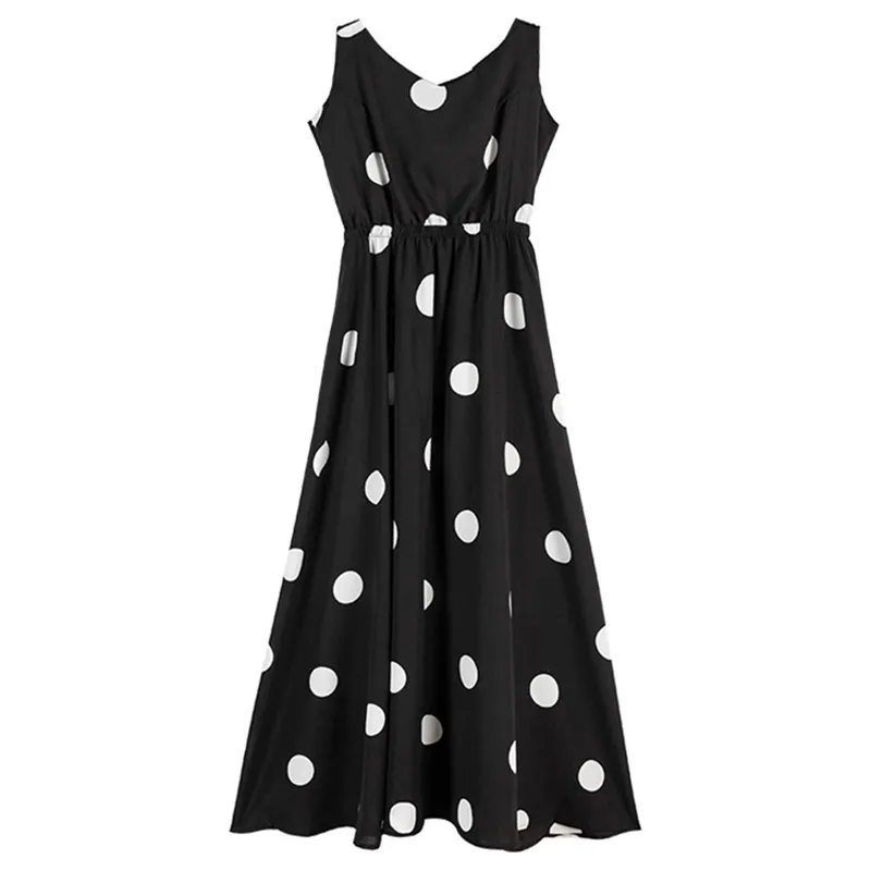 White Black Polka Dot Strap Sleeveless Backless Bow V Neck Empire A-line Long Dress Summer D1455 210514
