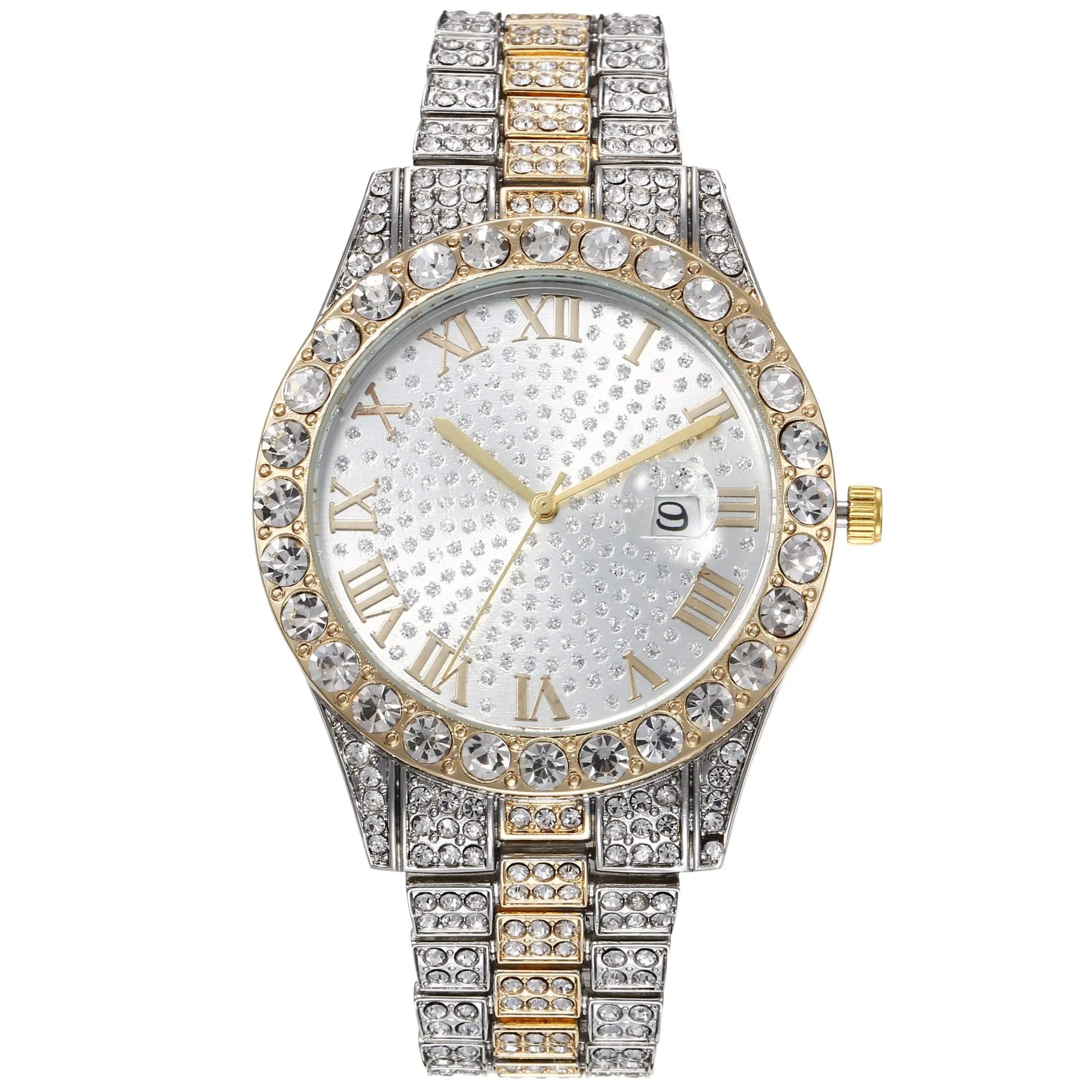 Часы мужчин Фабрика Ультра тонкий бриллиант BEZEL 43 мм хрустальный римский циферблат кварцевый движения алмазные браслеты ремешка дамы мужские модные наручные часы