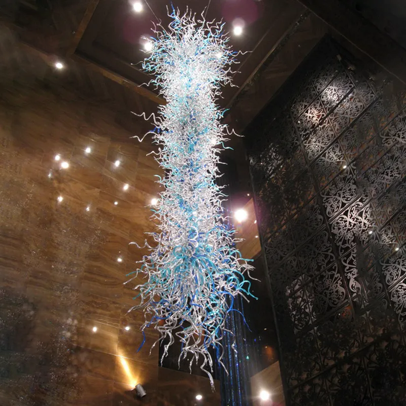 Großer Luxus-Lampen-Kronleuchter, künstlerische handgefertigte Kronleuchter aus mundgeblasenem Glas, Beleuchtung, klare Aqua-Blau-Farbe, LED, 100 x 300 cm, lange Hängekette