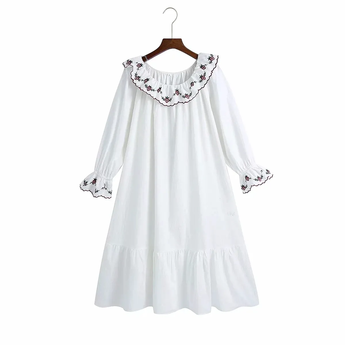 Frauen Stickerei Romantisches Kleid Solide niedliche Rüschen Midi Kleider dünne elegante lässige Vestiods 210521