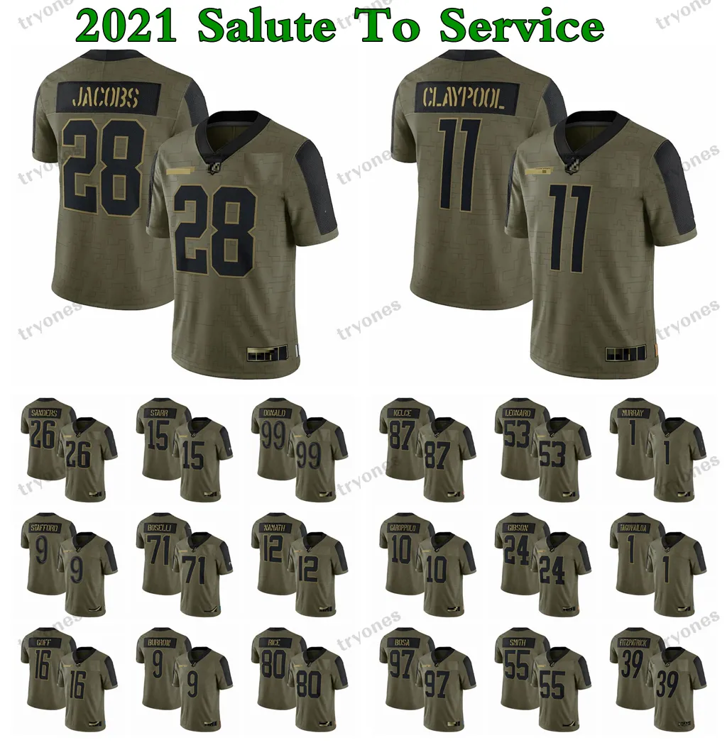 Customize 32 Team 2021 Salute To Service Olive Football Jerseys Bo Jackson Tomlinson Rice Moss Carson Wentz Tagovailoa Gibson Burrow Joey Bosa Trevon Diggs Stefon