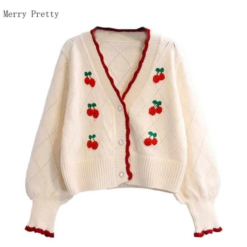 Wiśnia Haft Koreański Kobiety Krótkie Dzianiny Sweter Swetry Lato Z Długim Rękawem V-Neck Casual Sweet Style Girly Crop Top 211011