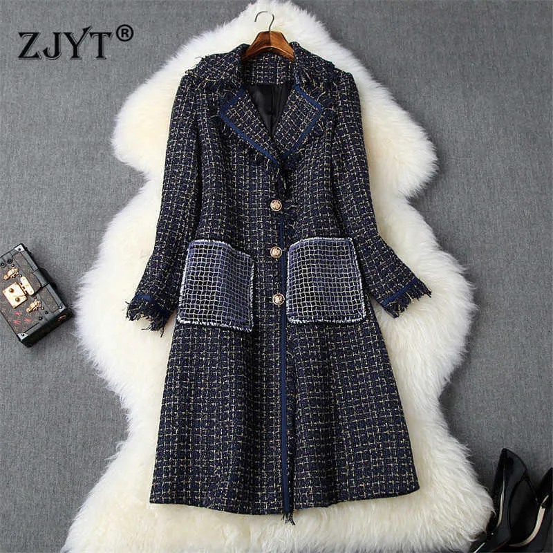 Runway Fashion Winter Tweed Woolen Jackets and Coats Women Turn Down Neck Plaid Vintage Long Wool Blend Overcoat Outerwear 210601