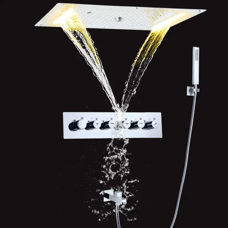 크롬 광택 강우 샤워 헤드 70x38 cm LED 온도 조절 욕실 고 유량 폭포 샤워 조합 세트