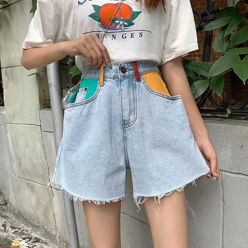 SML Preppy Style High Waist Denim Shorts Jeans för Kvinnor Sommar Ladies Färg Patchwork Pocket Jeans Shorts Womens (F6379) 210611