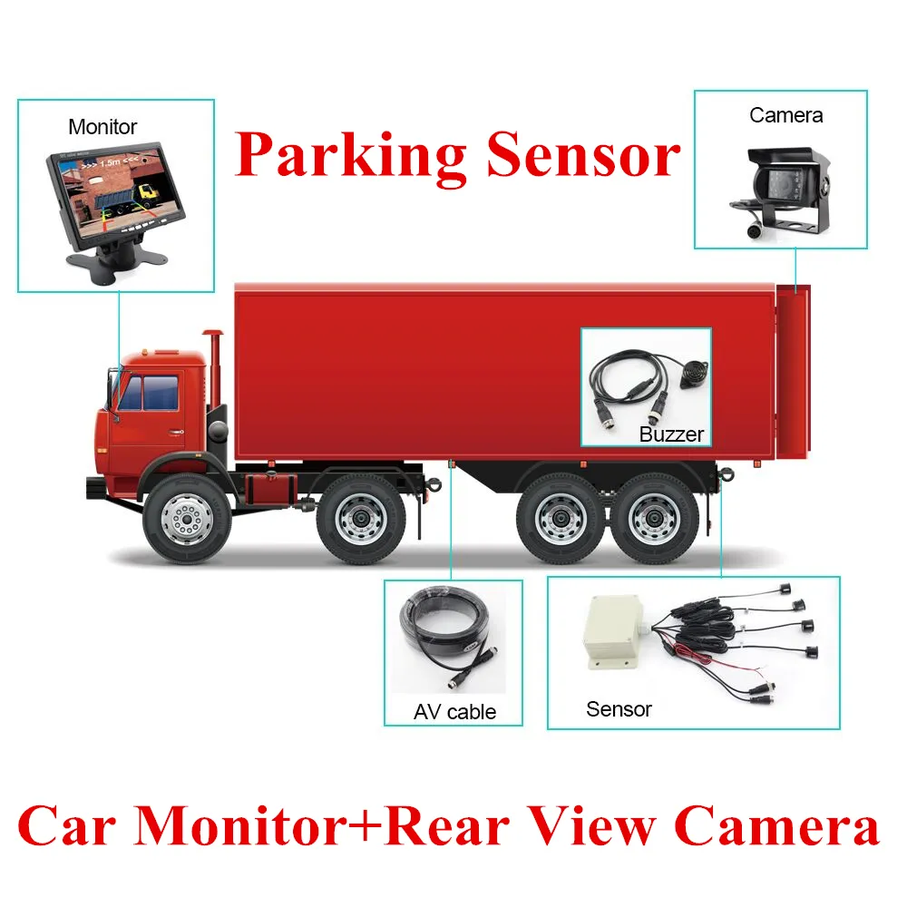 7 tums bilmonitor + bilparkeringssensor + bil backviewkamera för lastbilsvagn och specialfordon buss