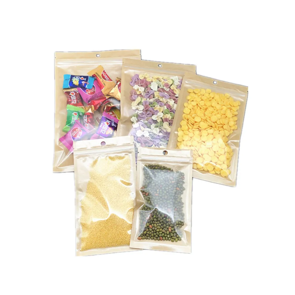 1000Pcs Brown Kraft Paper Clear Plastic with Hang Hole Zipper Lock Package Bag Heat Seal Recyclable Zipper Cookies Food Storage Bag