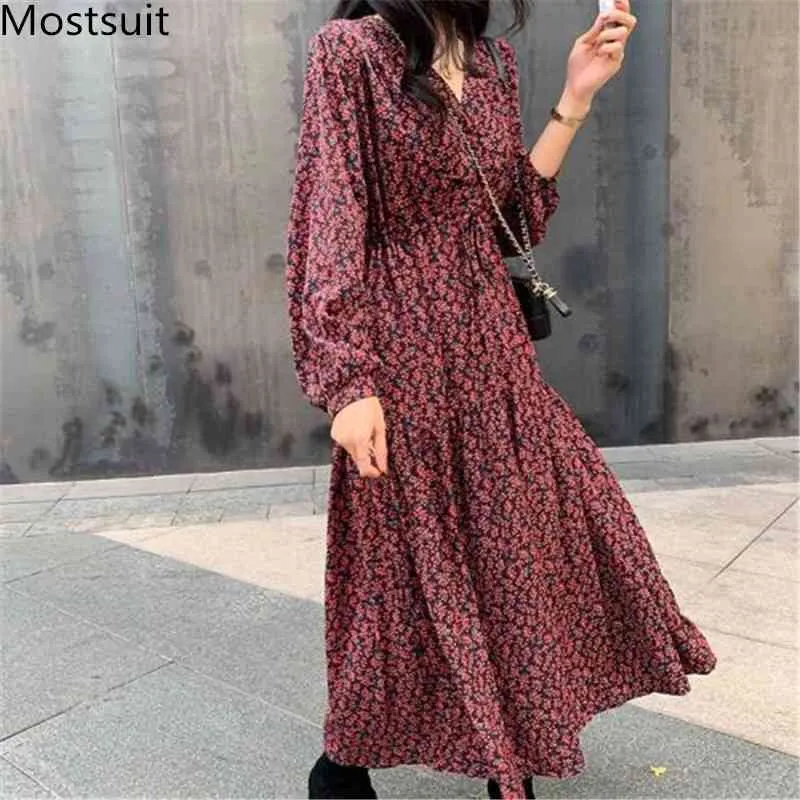 Vintage Korean Women's Spring V-Neck Long floral midi dress with Full Sleeves, Pleated Back - Elegant and Casual Office Wear (210518)
