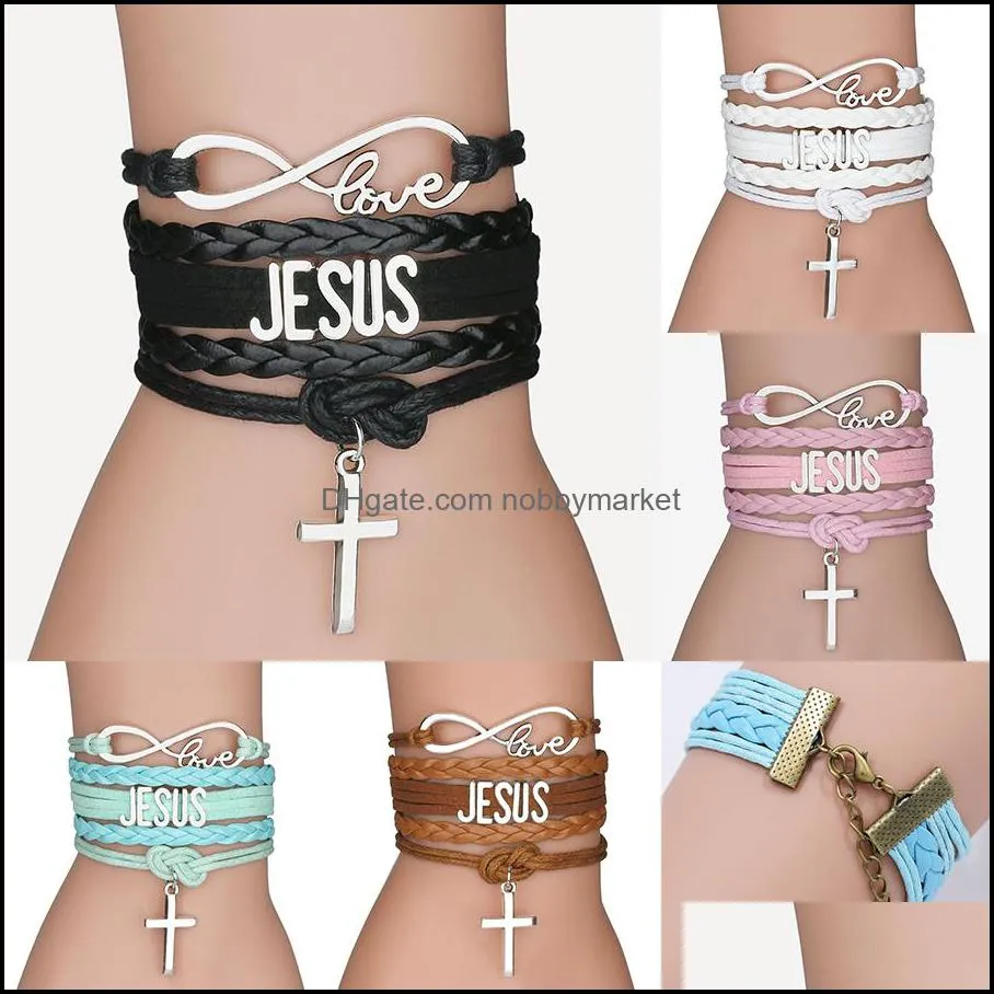 Charm pulseiras jóias moda cruz trançada corda de couro para mulheres homens religiosos jesus amor infinito pulseira artesanal em bk gota entrega