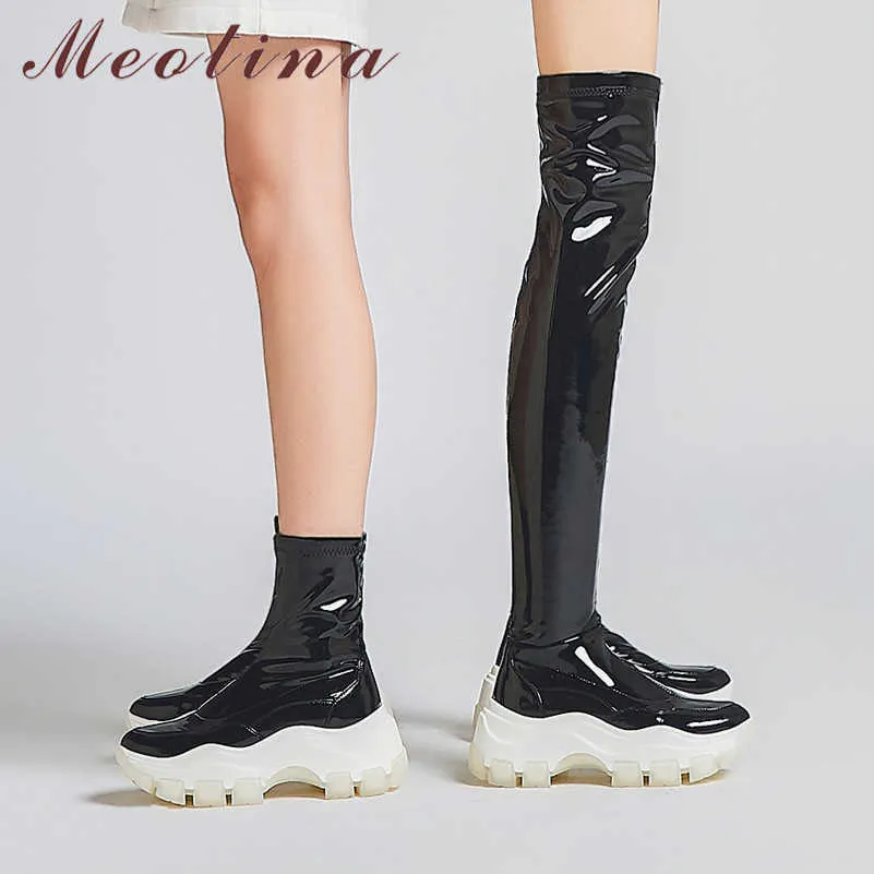 Meotina Autumn Thigh High Boots Women Natural Genuine Leather Flat Platform Over The Knee Boots Sexy Slim Stretch Shoes Lady 39 210608