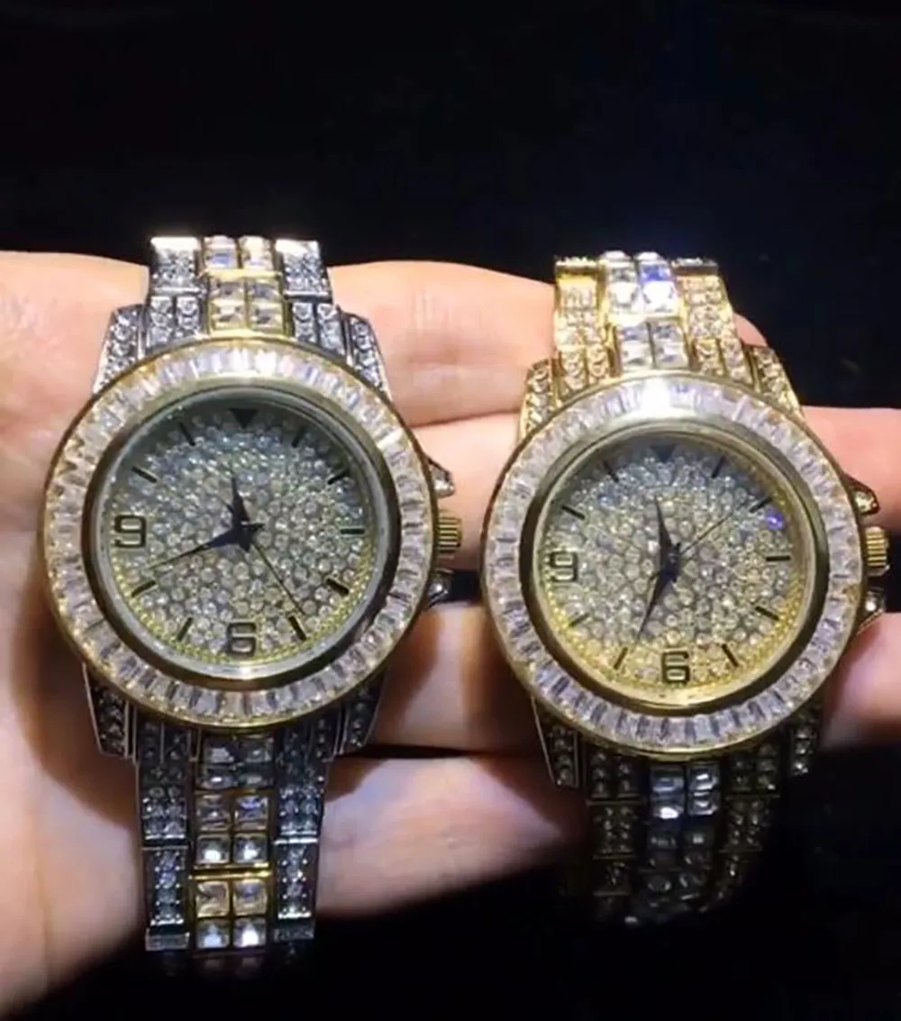 Роскошные мужские часы Высококачественные алмазы часы аналоговые кварцевые автоматические движения 38 мм наручные часы из нержавеющей стали HIPHOP ювелирные изделия