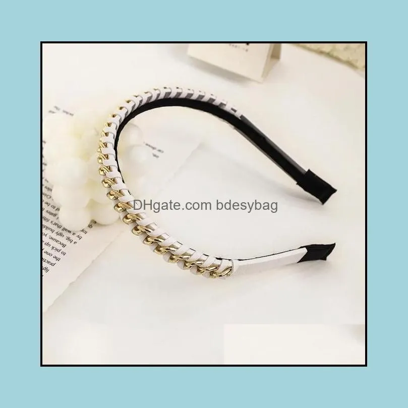 New Fashion Women`s Hairband Casual Handmade Leather Alloy Chain Cross Knot Headband Adult Hair Accessories Wholesale