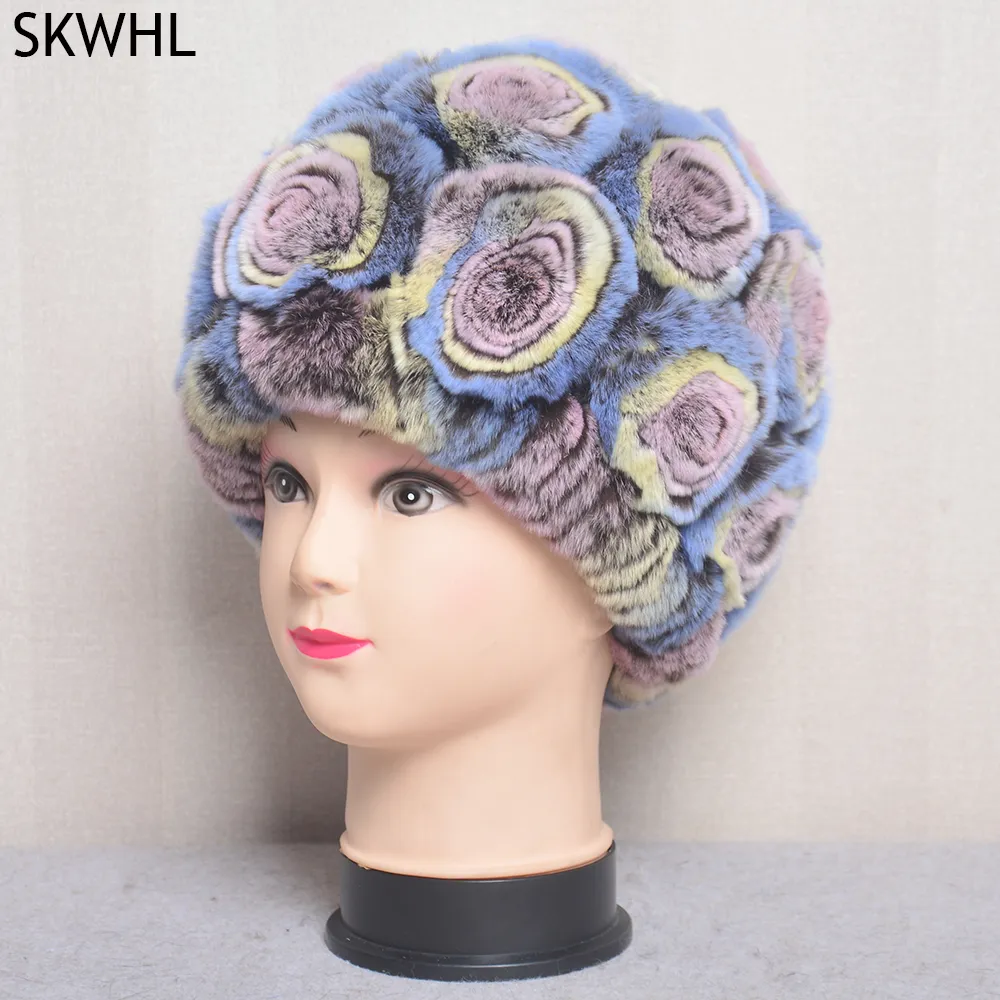 Hiver Floral 100% Véritable Rex Lapin Chapeaux Dame Russe Tricot Réel Casquettes Femmes Bonnets De Fourrure Naturelle Chapeau