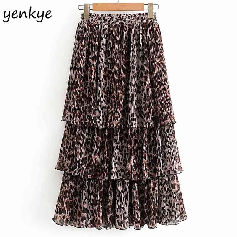 Vintage Leopard Cake Rok Dames Elastische Hoge Taille Casual geplooid Lange Jupe Longue DJF9050 210514