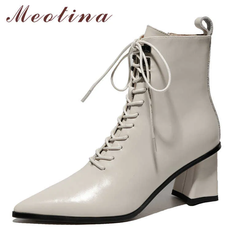 Meotina Ankle Boots Women Shoes Genuine Leather High Heel Short Boots Pointed Toe Thick Heels Zipper Lace Up Fashion Boots Beige 210608