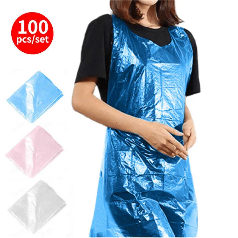 100pcs 화이트 일회용 앞치마 성인을 청소하는 Apron 성인을 청소 위생 주방 청소를위한 유니섹스 투명한 야외 캠핑 PE 앞치마 210622