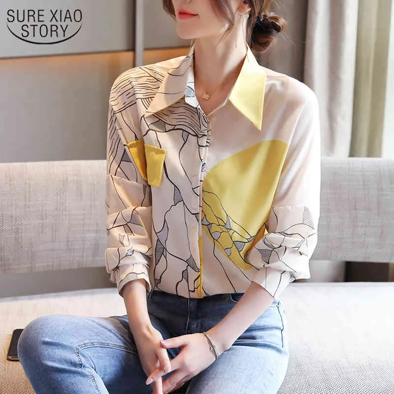Coréen imprimé femmes rétro style national jaune soie à manches longues bureau dame top femme mode chemise florale 10740 210508