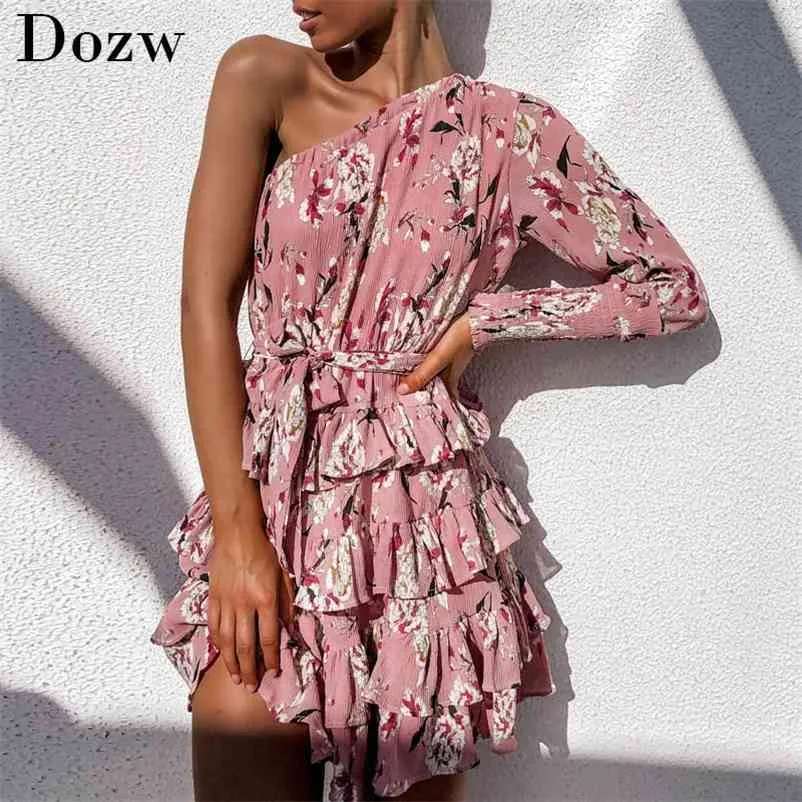 Summer Boho Beach Dress Donna Manica lunga Una spalla Stampa floreale Chiffon Party Elegante Ruffles Sexy Mini Robe Ete 210515