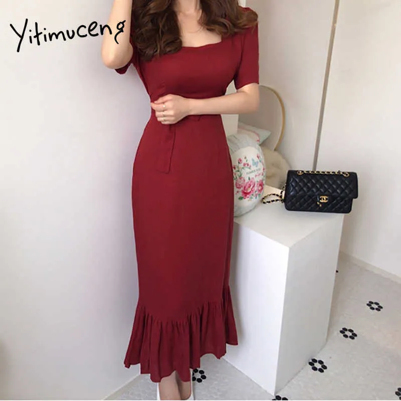 Yitimuceng vestido vermelho mulheres babados plus size noite midi vestidos trombeta cintura alta colarinho verão coreano moda 210601