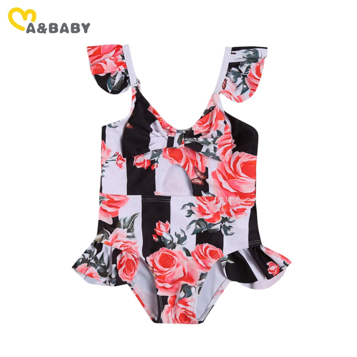 6M-4Y Summer Toddler Baby Kid Girls Swimsuit Flower Bow Striped Swimwear Child Beachwear Bathing Suit 210515