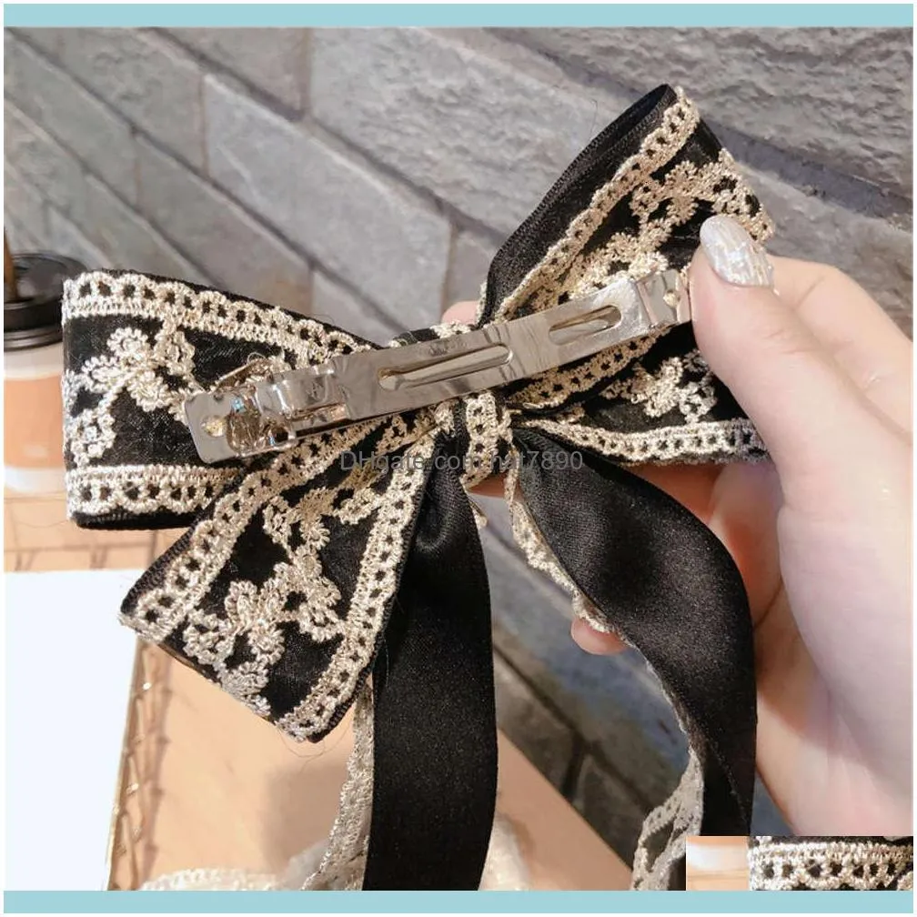 Korean Fabric Big Bow Spring Clip Lady Lace Embroidery Hair grip Holiday Gifts Women Pins Wedding Accessories