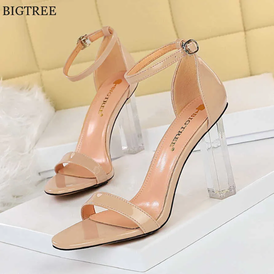 New Fashion Summer Sexy Transparent Square Heels Women Shoes Nude White Dress Open Toe Patent Leather Ankle Strap Female Sandals Y0721