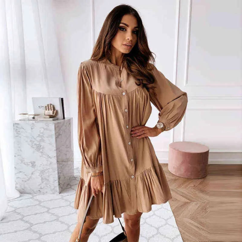 Women Vintage Ruffled Front Button A-line Dress Long Sleeve Stand Collar Solid Elegant Casual Mini Autumn 220208