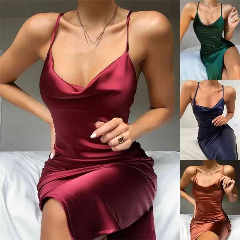 Sommar ärmlös spaghetti rem svart silke lång klänning sexig backless elegant satin bodycon party kvinna dela midi es 210623