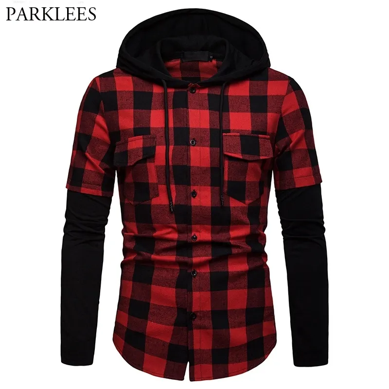 Red Black Plaid Hoodie Shirt Men Fashion Fake Two Pieces Check Hooded s Mens Hipster Streetwear With Pockets Xxl 210721