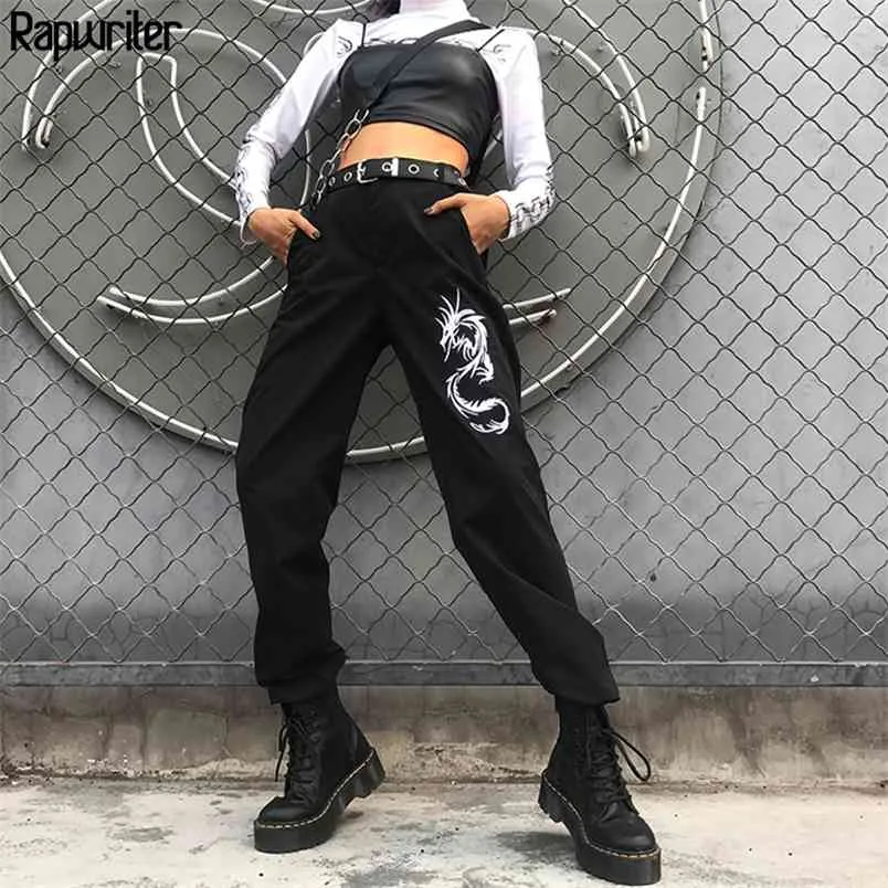 Chiński styl Smok Haft Cargo Spodnie Kobiety Streetwear Rozciąganie Wysokiej Talii Pocket Joggers Black Spodnie 210510