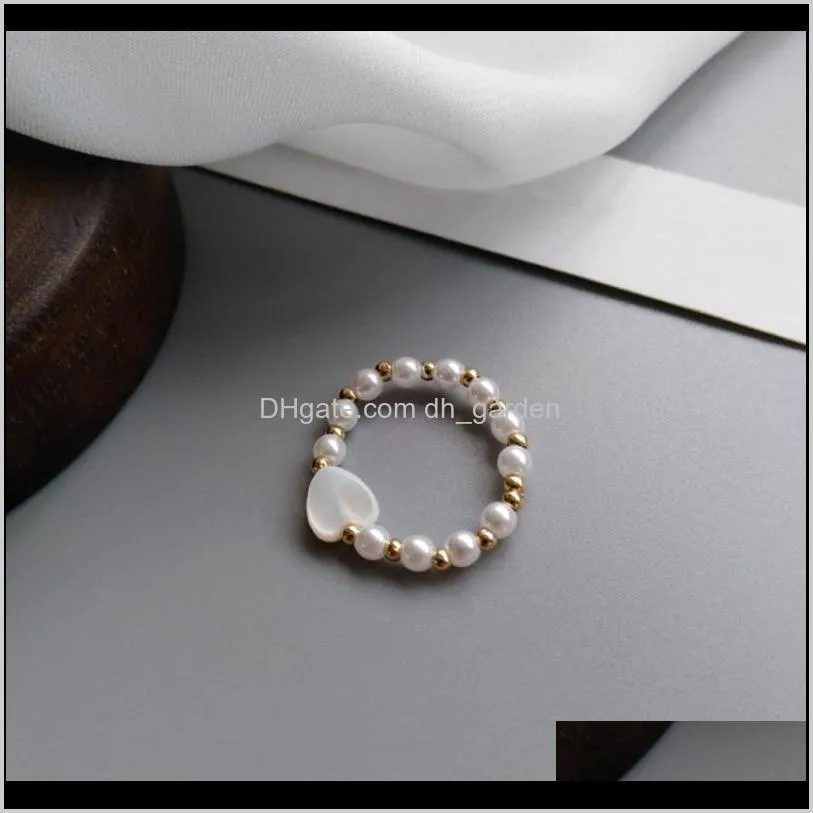 Korean Elastic Rope Pearl Beads Ring For Women Fashion Simple Female Heart-shaped Gold Ring Elegant Lady Party Jewelry Gift