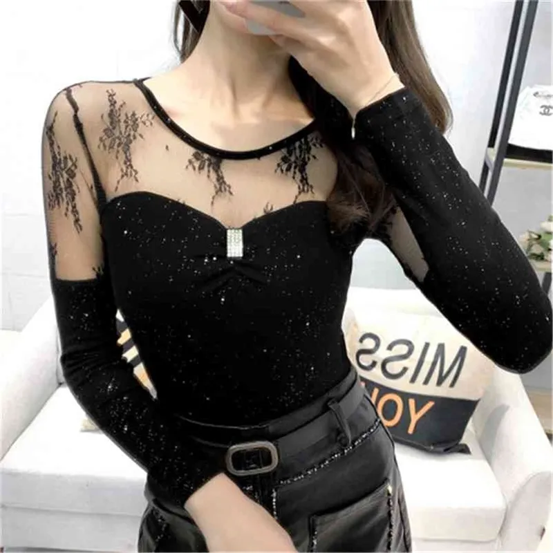 Black Shiny T-shirt women Spring Thin Mesh Lace Embroidery Transparent Sexy Tee Tops Diamonds Long Sleeve Slim T9D802Y 210421